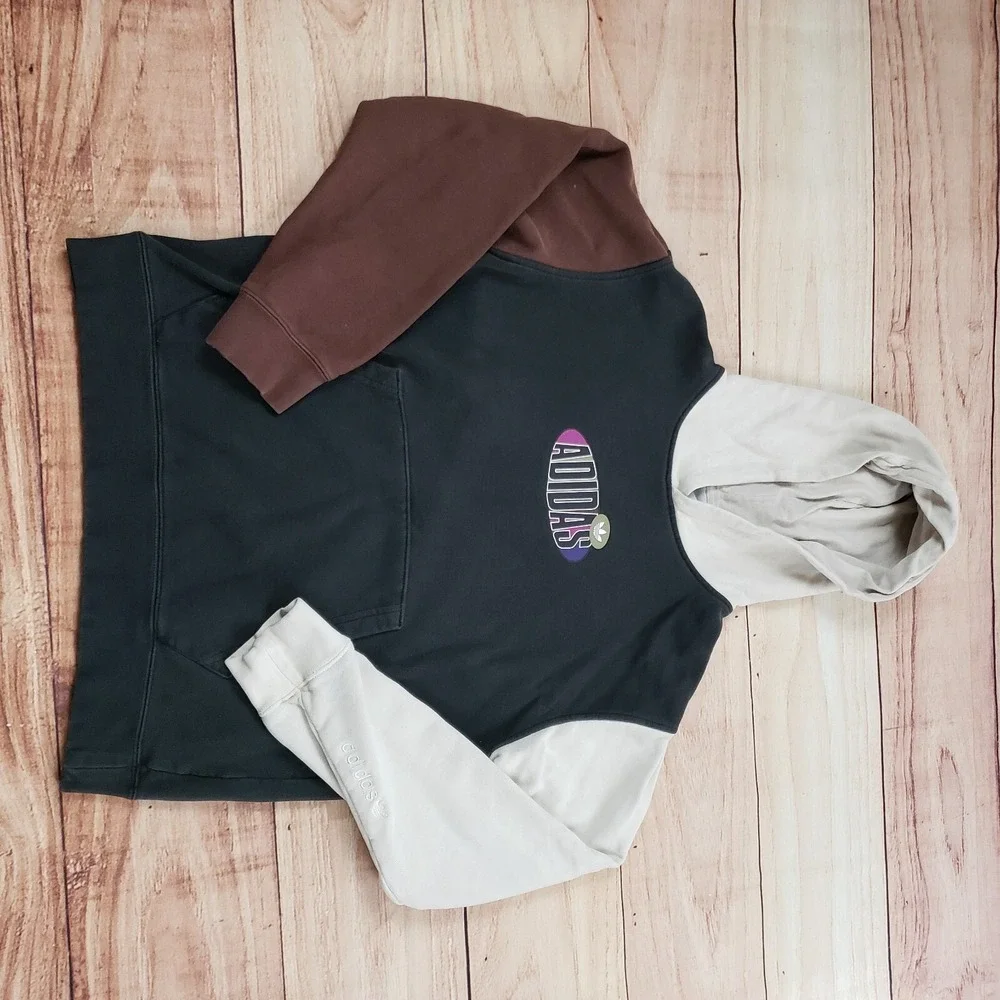 Adidas Sweater Mens Small Black Brown Colorblock Hoodie Sweatshirt Logo Adult‎